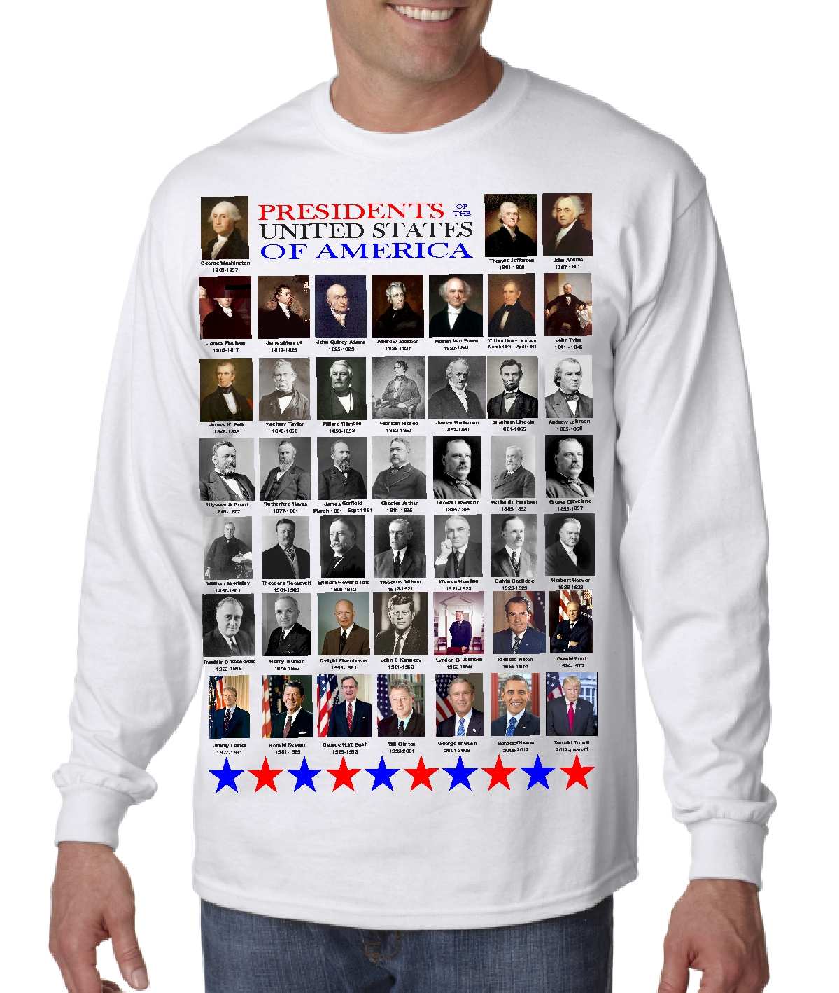 Presidents Day Picture List of all Presidents on  Mens Long Sleeve Shirt